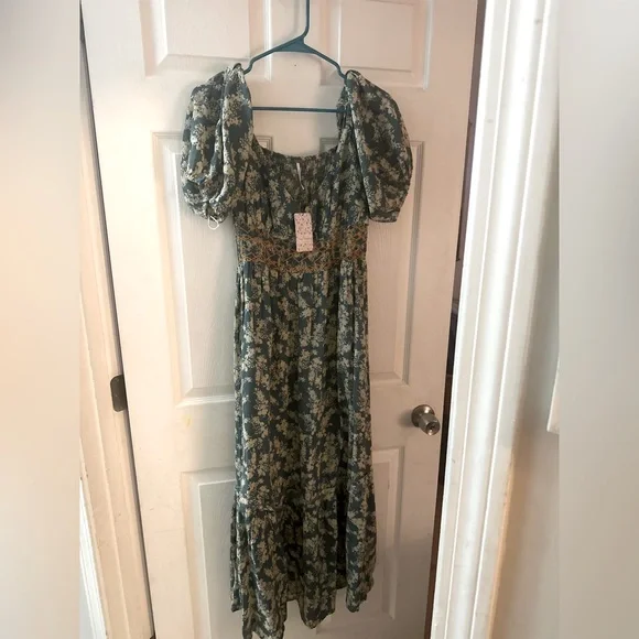 Free People Womens Ellie V Neck Printed Maxi Dress Green S